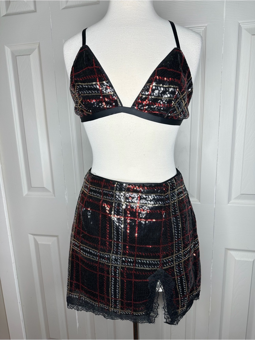 Victoria’s Secret Sequin Tartan Bralette & Skirt 2 piece Set
